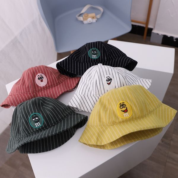 

grlec bida children's bucket bucket embroidered fisherman cartoon smiling face baby basin hat korean  embroidery striped boys' an, Blue;gray