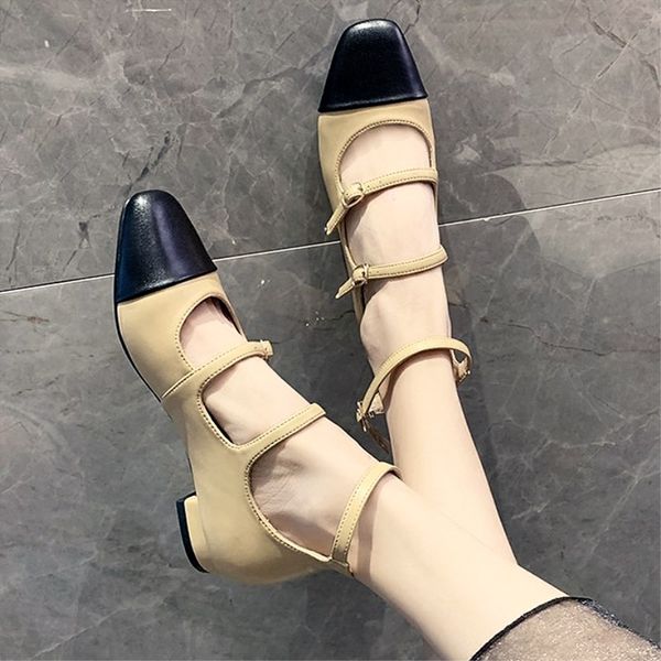 

slhjc women low heel mary jeans shoes square toe retro leather autumn pumps casual fashion summer sandals, Black