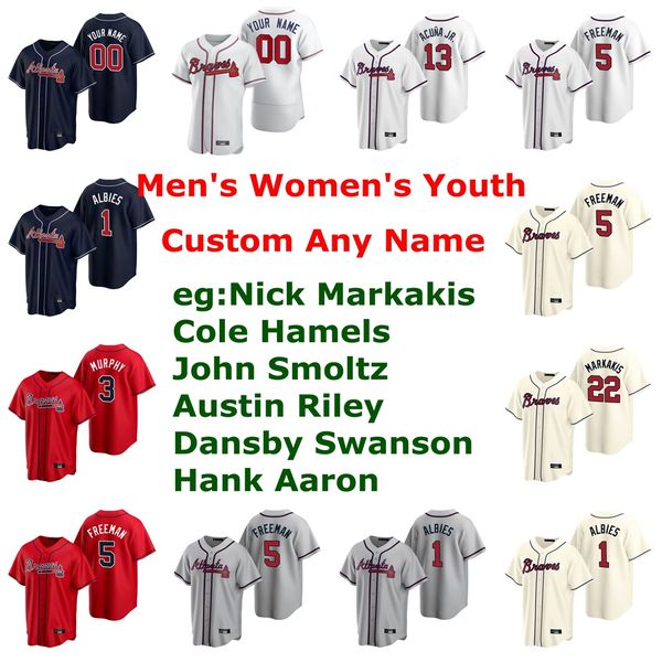 

35 коул хэмелс джерси женщин остин райли 7 dansby swanson 44 hank aaron 40 майк soroka 27 фред mcgriff бейсбола трикотажных изделий на заказ, Blue;black