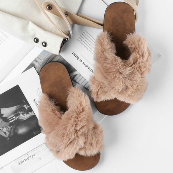 

plush female slippers autumn winter new outside wear flat bottom fashion cross fluffy women slides 36-41 wholesale shoe woman, Black