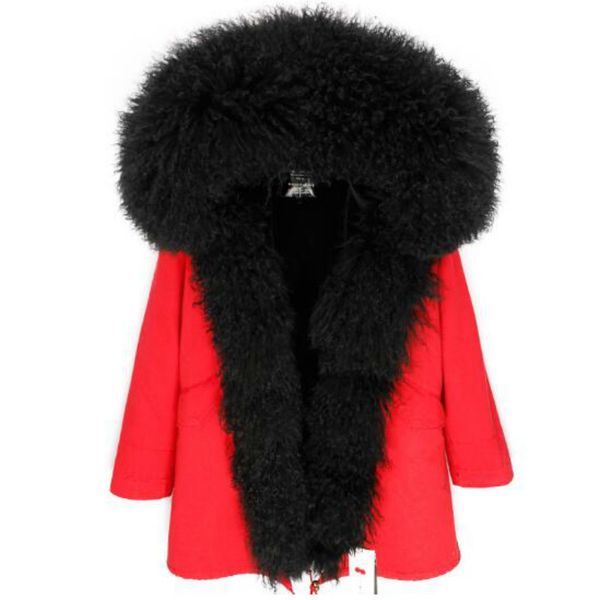 

2020 new fashion women's mongolia sheep fur hooded coat outwear winter jacket luxurious lamb fur parka, Black