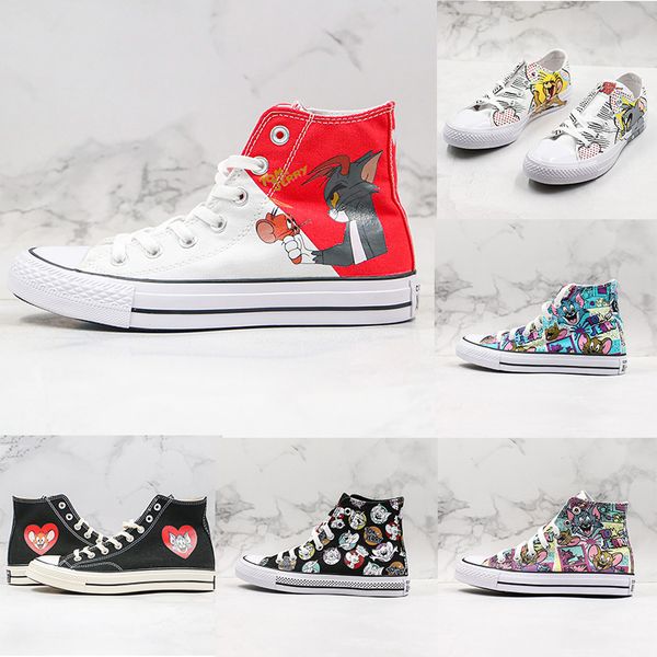 

70s 1970s toms and jerrys chuck 70 hi canvas shoes white black skateboard graffit sports high classic sneakers trainers size 36-44, White;red