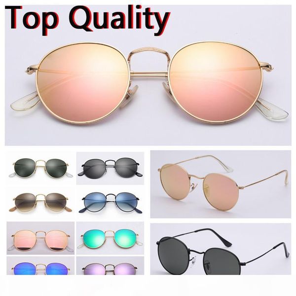 

designer sunglasses round metal model sun glass lenses for men women with brown or black leather case, cloth, grey box, and all accessories, White;black