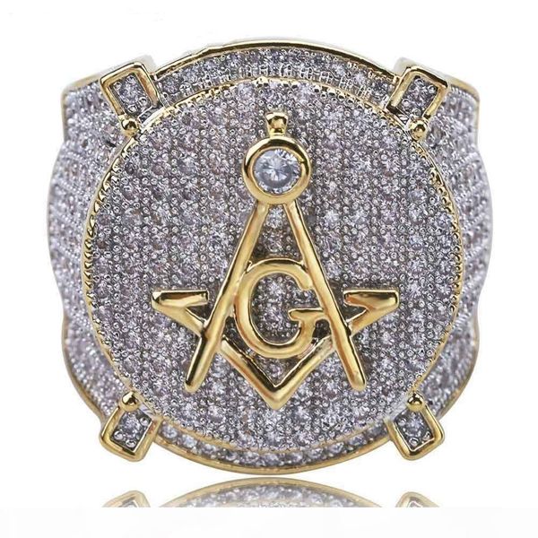 

zircon ice out bling big wide masonic ring gold filled copper material asonry rings men hip hop rapper jewelry 7-13, Silver