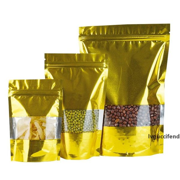 

golden stand up aluminium foil bag with clear window plastic pouch zipper reclosable food storage packaging bag lx2721