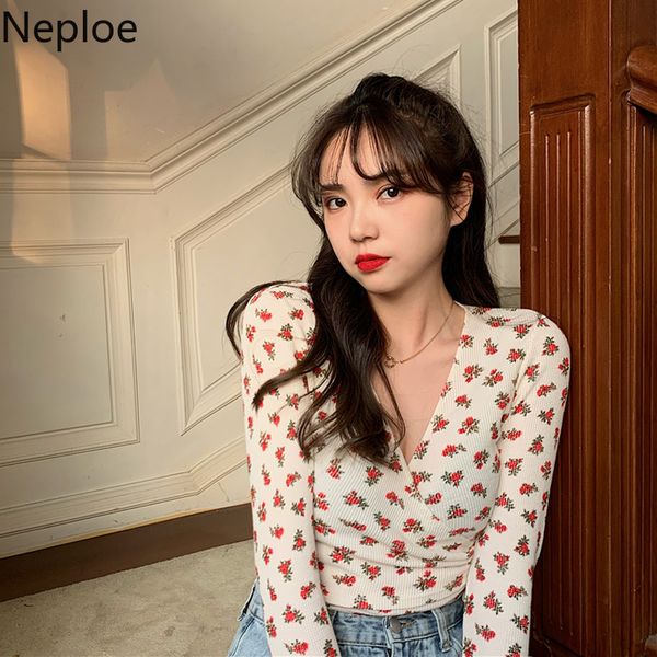 

neploe flower print t shirts women spring sweet v neck long sleeve female new casual drawstring ladies tees 49644 200925, White
