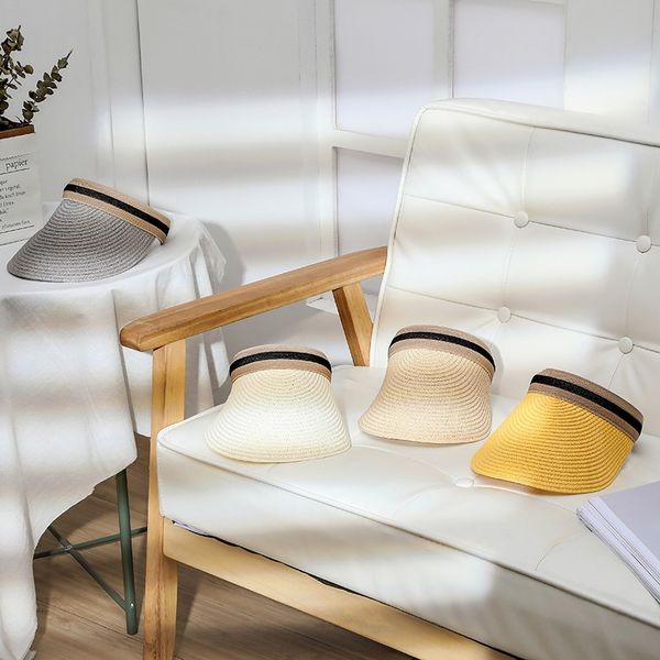 

rqdse 2019 korean new style women's sunscreen straw sunscreen empty straw hat women's outdoor mountaineering sun-proof hat for chi, Blue;gray