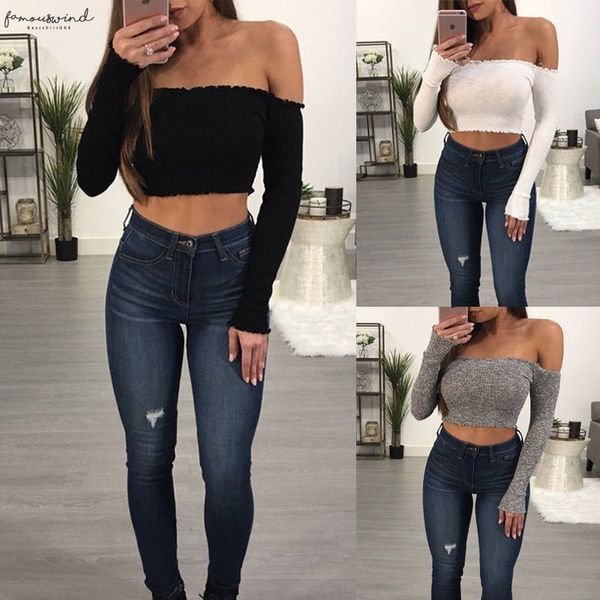 

summer loose casual shirts fashion ladies off the shoulder bodycon knittes ribbed blouse fashion women off shoulder crop, White