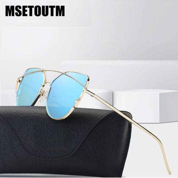 

2020 msetoutm cat eye vintage brand designer gold sunglasses for women metal reflective flat lens sun glasses female 0875, White;black
