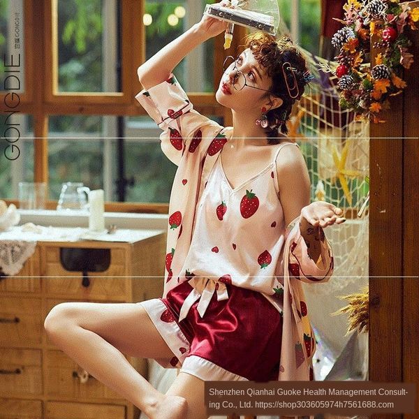 

d9foo women's thin nightgown ice long-sleeved mid-skirt printing women's fashionable thin nightgown ice silk long-sleeved pajamas, Black;white