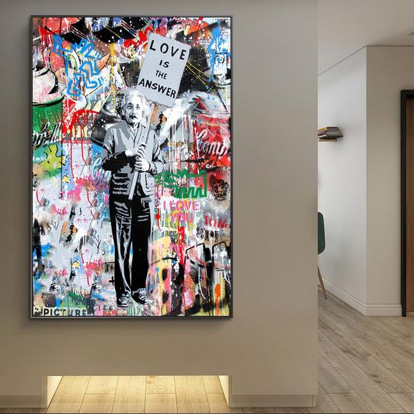 

love is ответ graffiti art холст картины портрет эйнштейна street art плакаты и распечатывает pop art canvas картинки куадросом