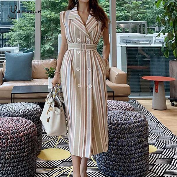 

yanueun office wear dress women high waist sashes striped sleeveless summer dress double-breasted midi dresses, Black;gray