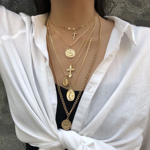 

exaggerated retro gold color carved figure necklace alloy multi - layer long necklace cross pendant personalized women choker, Silver
