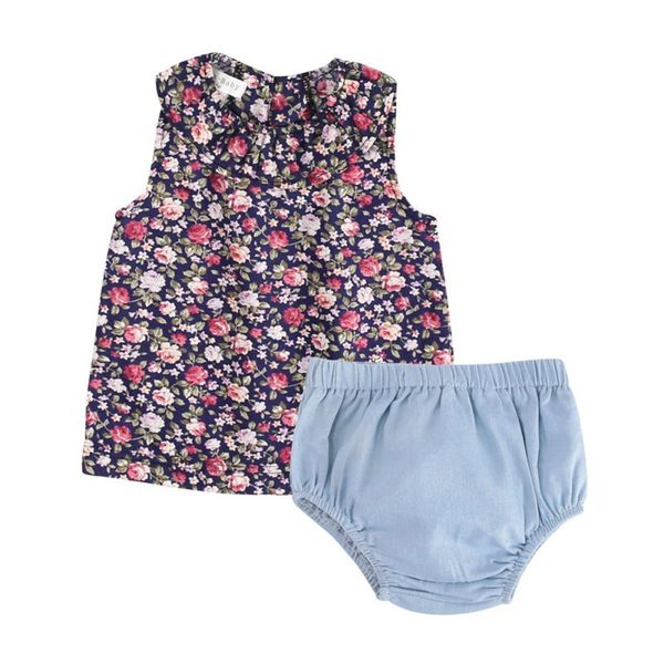 

2 pieces baby girl sleeveless triangle shorts set blue floral pattern fashion baby girl clothes1, White