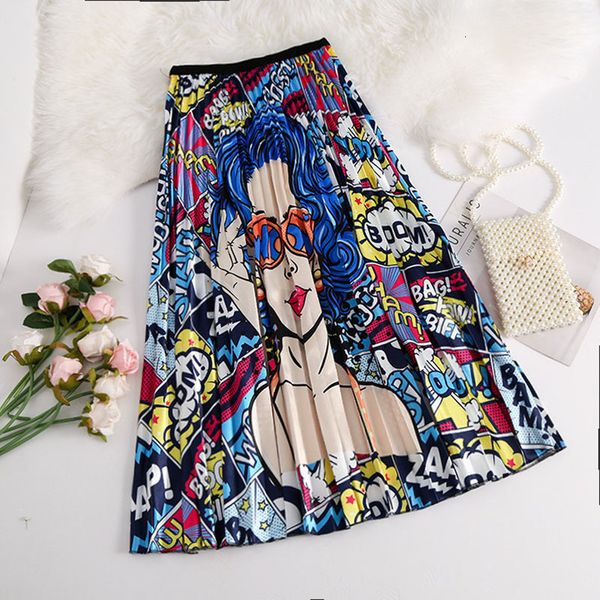 

women elastic high waist pleated skirts lady cartoon letter print a line skirt female a line cute funny skirts, Black