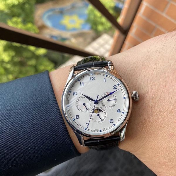 

luxury men watches automatic movement leather strap perpetual calendar moon phase men designer watches waterproof wristwatches, Slivery;brown