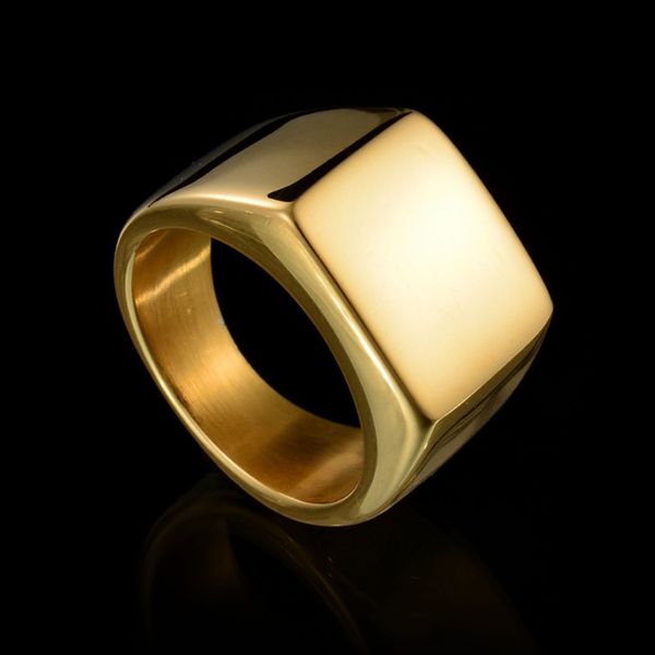 

fashion rings square big width signet rings titanium steel man finger black/gold men wedding ring jewelry gift, Golden;silver