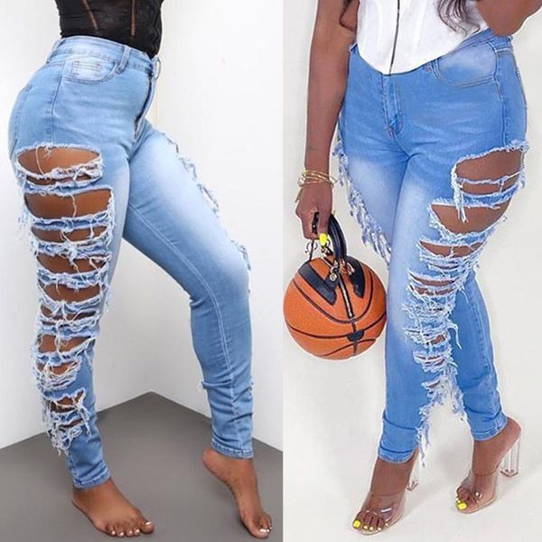 

women's jeans women destroyed ripped denim skinny hole pants high waist stretch slim pencil trousers blues 2021 streetwear d3, Blue