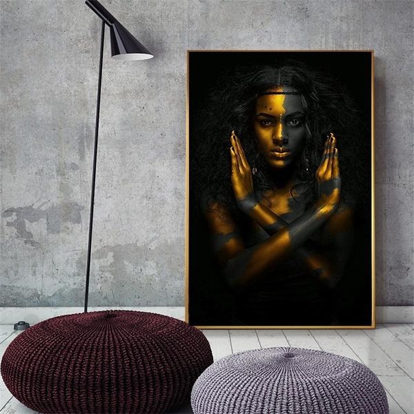 

black and gold african woman canvas oil painting girl nude art posters abstract wall art picture for living room modern home decor