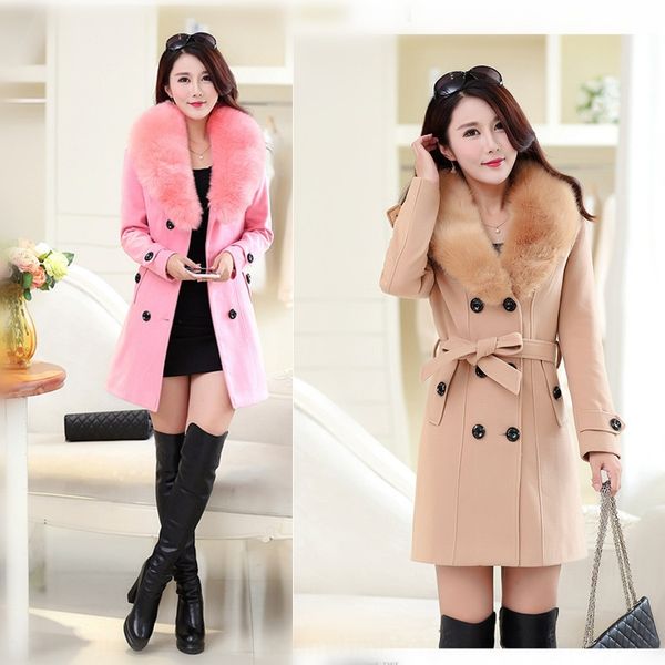 

2020 autumn and winter en women's coat wool wool korean double-breasted mid-length woolen coat fur collar, Black