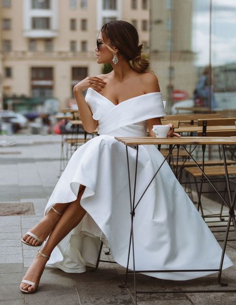 

simple tea-length short wedding dresses v neck off the shoulder white ivory satin a-line short bride gowns beach back laing wedding gown