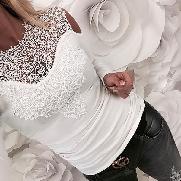 

shirt new women solid lace cold shoulder long sleeve slim blouse shirts 2020 elegant shirt female, White