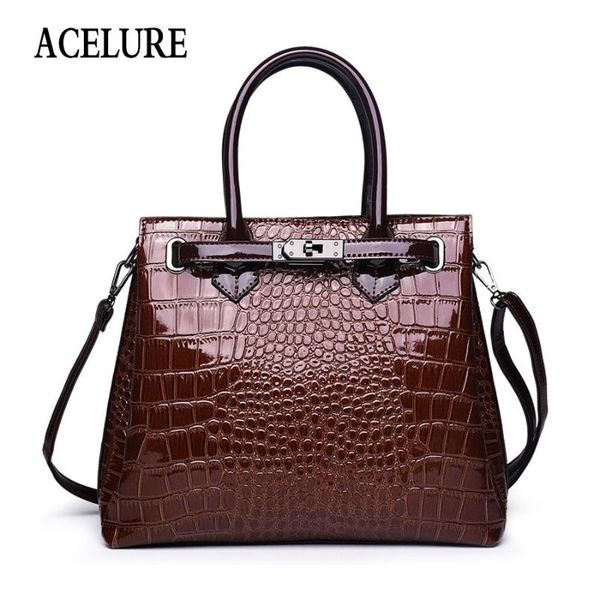 

acelure solid color hard handle handbags for women alligator pu leather shoulder bags for female business style crossbody bag