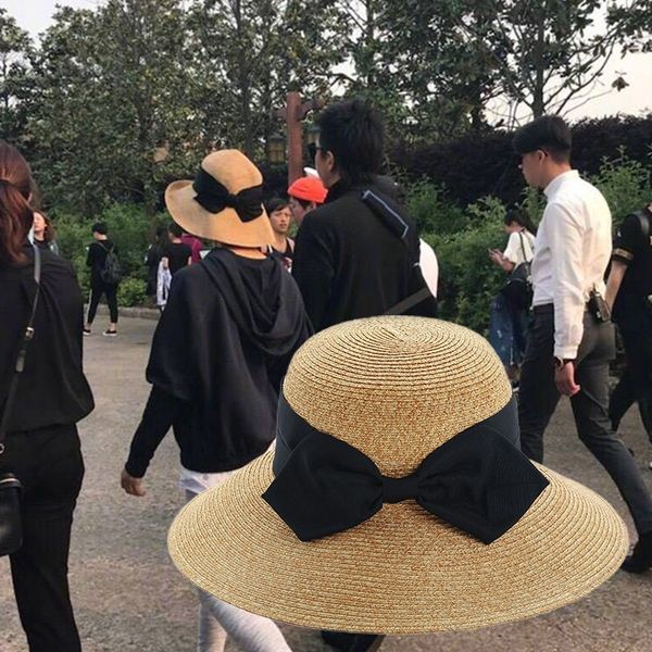 

sun li with the same style female foldable japanese bowknot straw korean style all-match sunscreen straw hat sunscreen hat seaside, Blue;gray