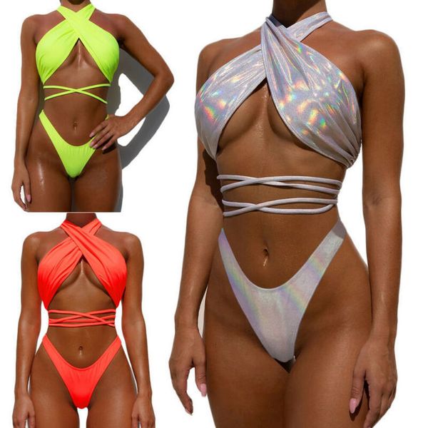 

women halter neck swimwear new fashion shiny bikini sets push up padded bra summer swimsuit female beach swimming bathing suit, White;black