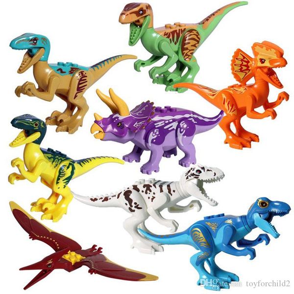 

8 pcs jurassic dinosaur world t-rex raptor tricera action figure big size building blocks toy for boy
