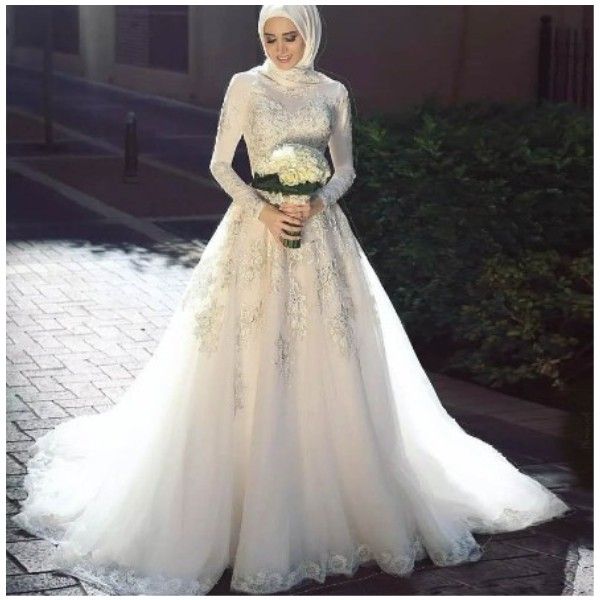 Abiti da sposa musulmani arabi collo alto maniche lunghe in pizzo Applique con hijab una linea cerniera posteriore abiti da sposa abito da sposa 2020 principessa