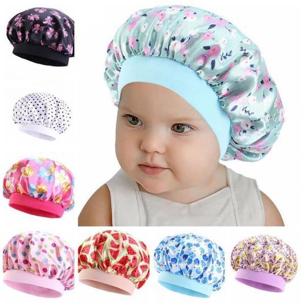 

cute kids satin bonnet sleeping caps new soft silk wide band night hats for natural hair teens toddler child baby wholesale, Blue;gray