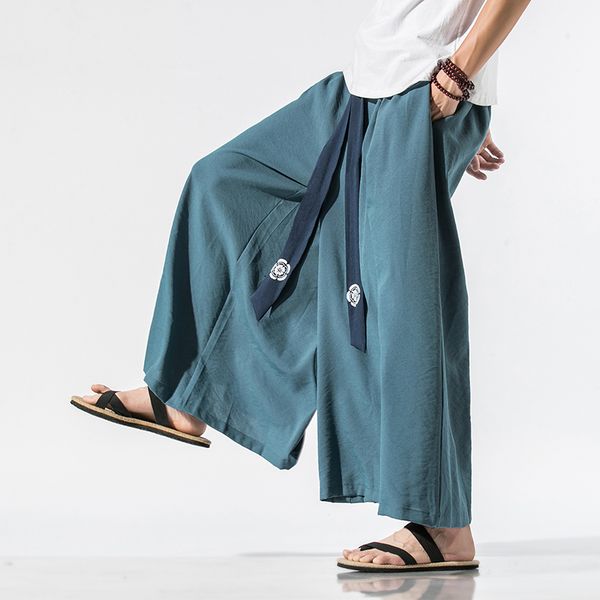 

m-3xl plus size japan style hip hop wide leg pants men fashions streetwear ankle length linen trousers men loose pants for, Black