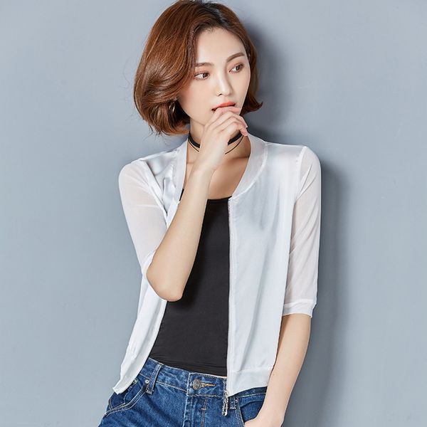 

jhmue 2020 summer baseball jersey shirt new thin baseball suit silk satin small coat seven-quarter sleeve sunscreen cardigan air-conditioned, Black;brown