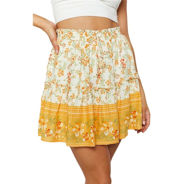 

women floral print skirt 2020 summer yellow flower pleated skirt for women causal shopping daily wear, Black