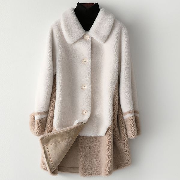 

autumn fur sheep shearing medium length coat new fashion long wool women's coat winter patchwork fur wool blends casual jackets, Black