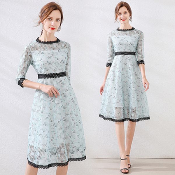 

casual dresses autumn high-end lace hollow out dress fashion lady vintage crew neck patchwork elegant slim women, Black;gray