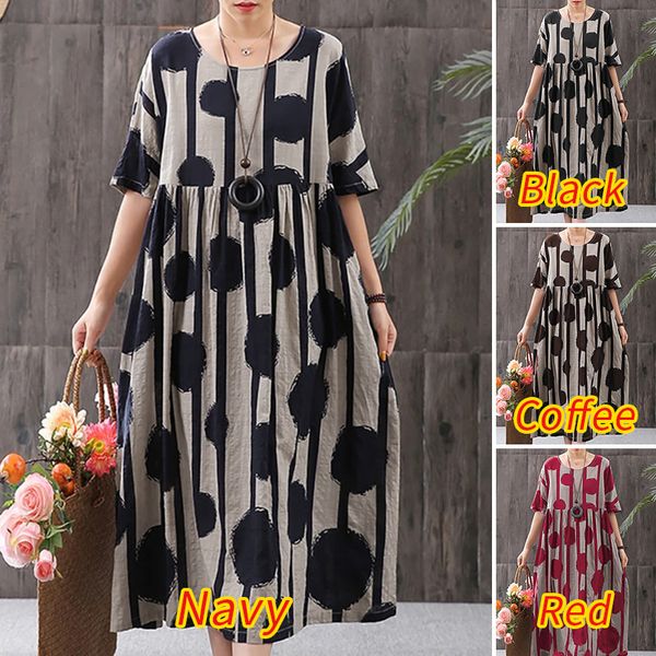 

2020 womens printed sundress elegant summer maxi dress casual half sleeve tunic vestidos female polka dot robe plus size, Black;gray