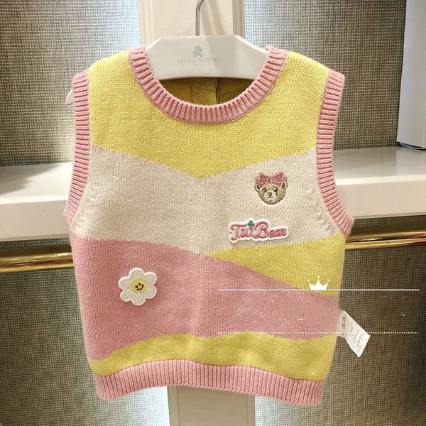 

2020 summer new korean style children's all-match girls contrast embroidered knitwear color embroidered knitwear vest, Camo