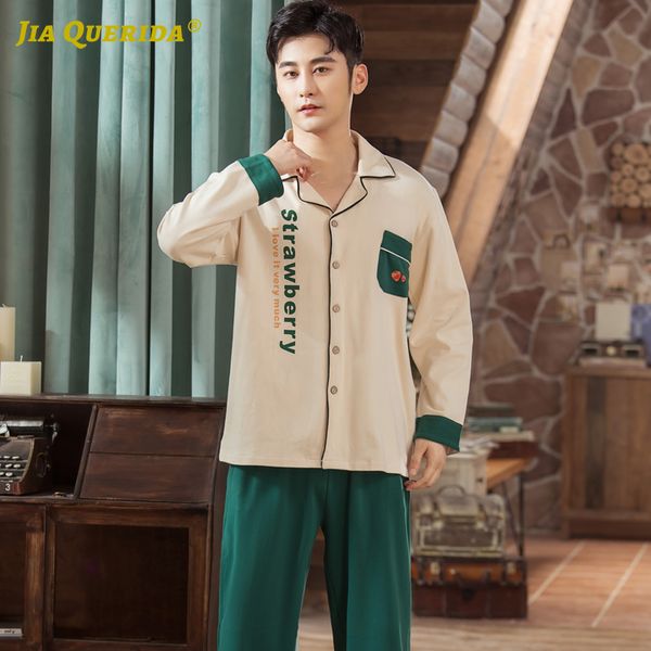 

men's sleepwear turn down collar soft printing front pocket fashion style long sleeve pants pajamas for man spring autumn green, Black;brown
