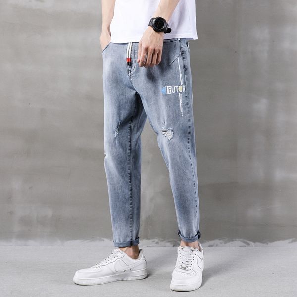 

джинсы и джинсы в корейском стиле свободные гарем мужские 2020 новых малых ноги штаны мужские подростков отверстие брюки щиколоток, Blue