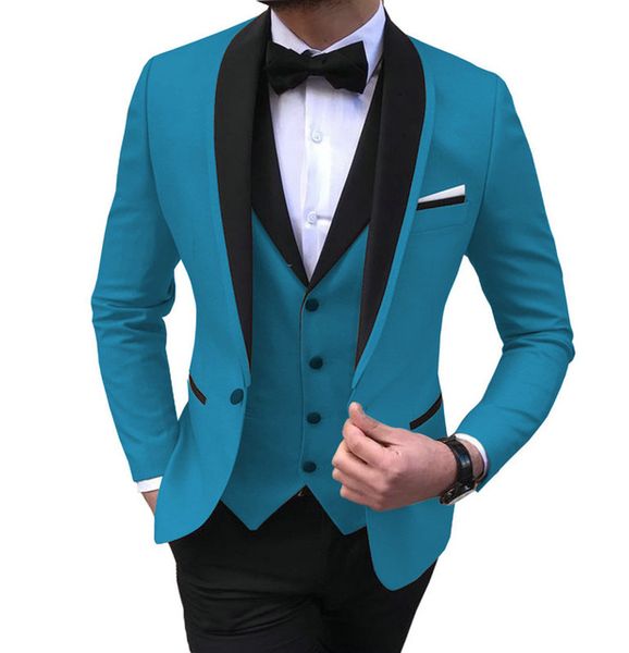 Ternos masculinos azuis, 3 peças, preto, xale, lapela, smoking casual para padrinhos de casamento, ternos masculinos (blazer + colete + calça)