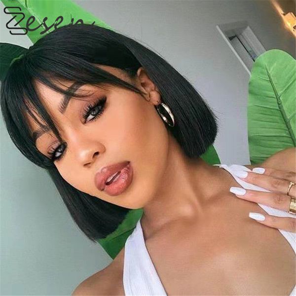 

zesen straight black synthetic wigs with bangs for women bob wig heat resistant bobo hairstyle cosplay wigs