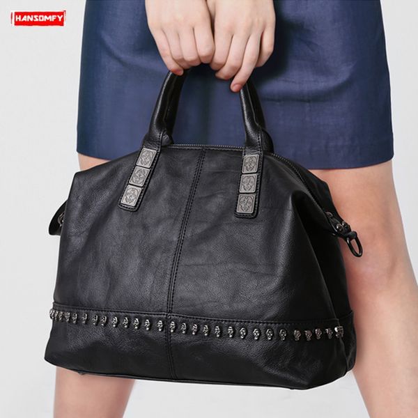 

luxury fashion genuine leather women handbags skull rivet black cowhide leather shoulder bag femlae messenger crossbody bags