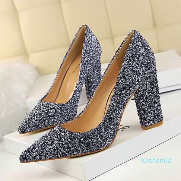 

gold thick high heel pointed toe pumps glitter sequined wedding shoes silver prom gown dress shoes size 34 to 39 l02, Black