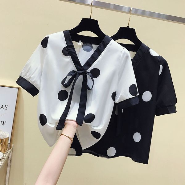 

2020 summer new polka dot loose slimming bow v-neck polka dot short sleeve butterfly shirt chiffon shirt, White