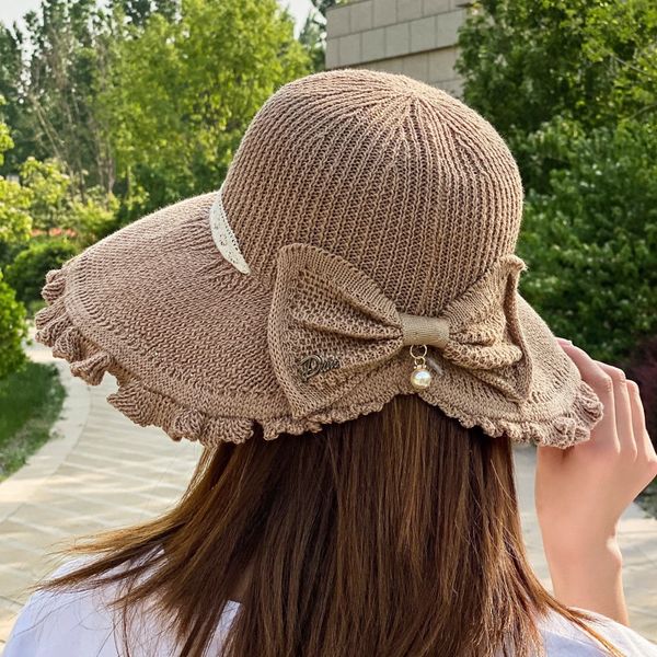 

female solid color bowknot sunshade sunscreen cap toque visor toque big edge beach sunscreen hat female hat, Blue;gray