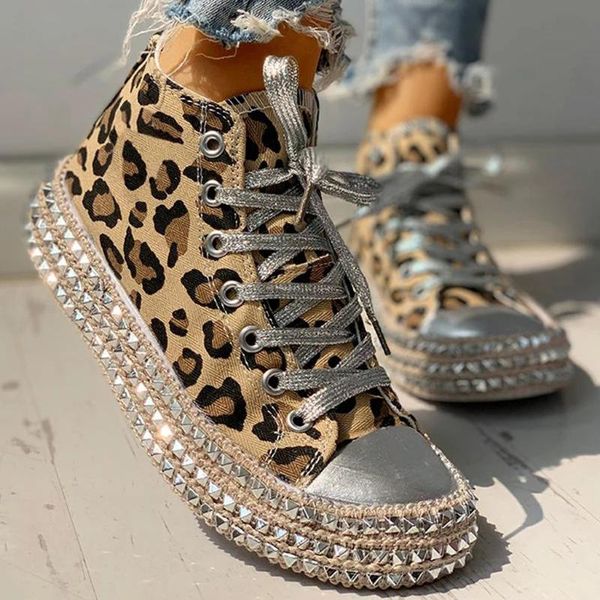 

leopard high sneakers women fashion bordered rivet flats canvas shoes woman autumn platform ladies casual shoes#d6, Black