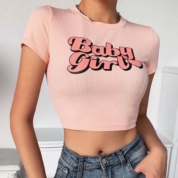 

women's short sleeve crop cute letter print crew neck rib-knit basic tee streetwear clubwear female summer clothes, White