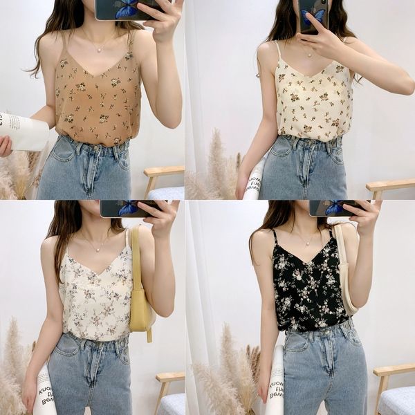 

0852# floral camisole female 2020v collar double base shirt shirt with loose slim chiffon top, Camo